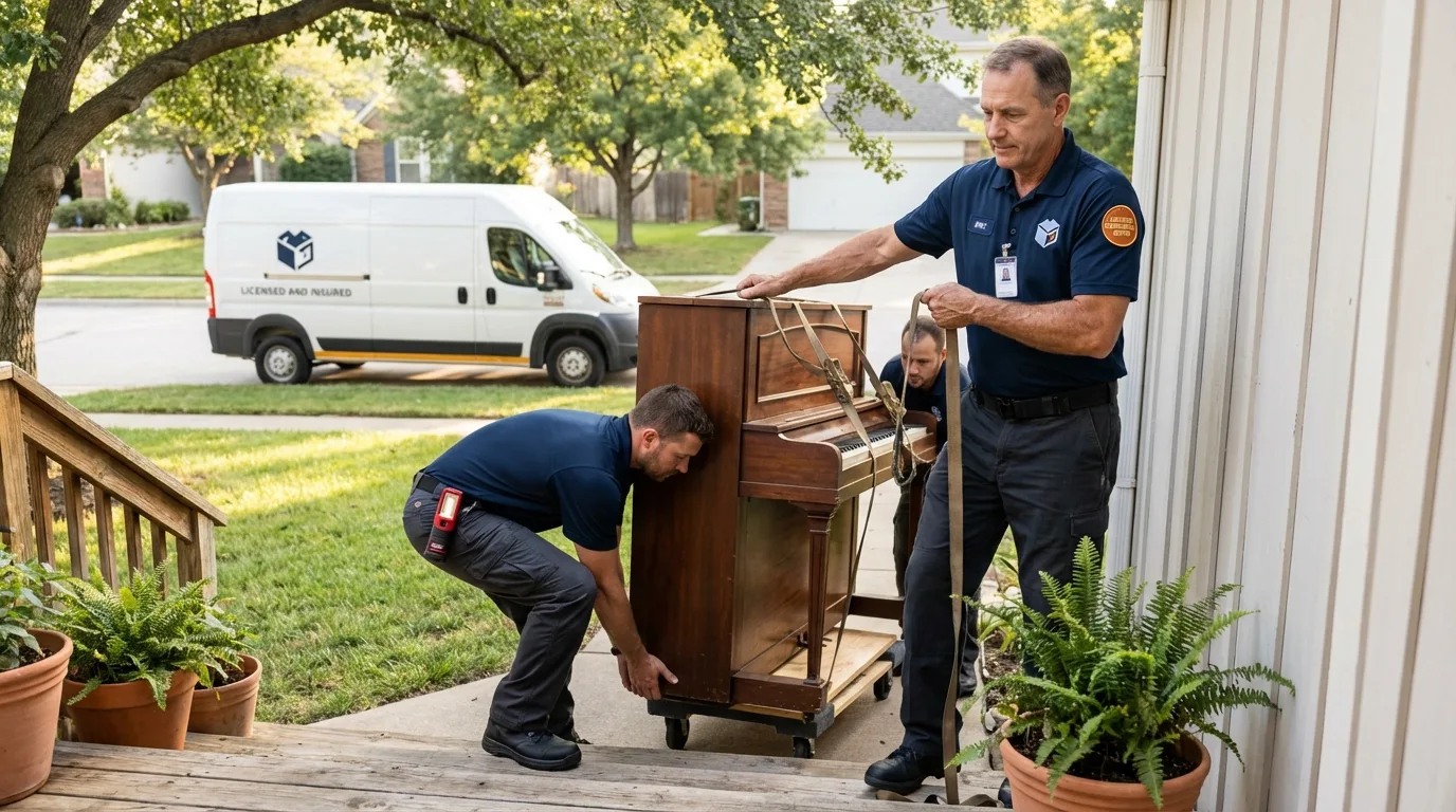 Licensed piano movers securing grand piano in Marina, CA