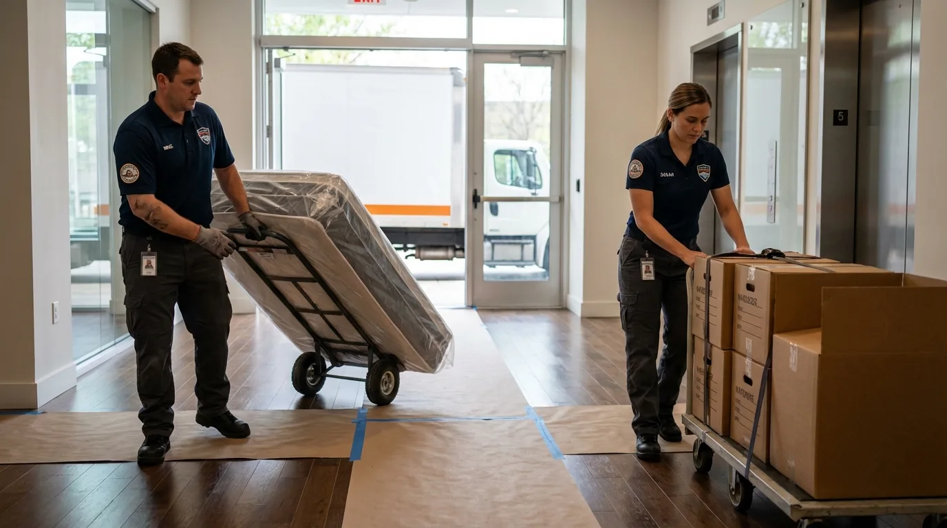 Professional apartment movers loading elevator in Marina, CA